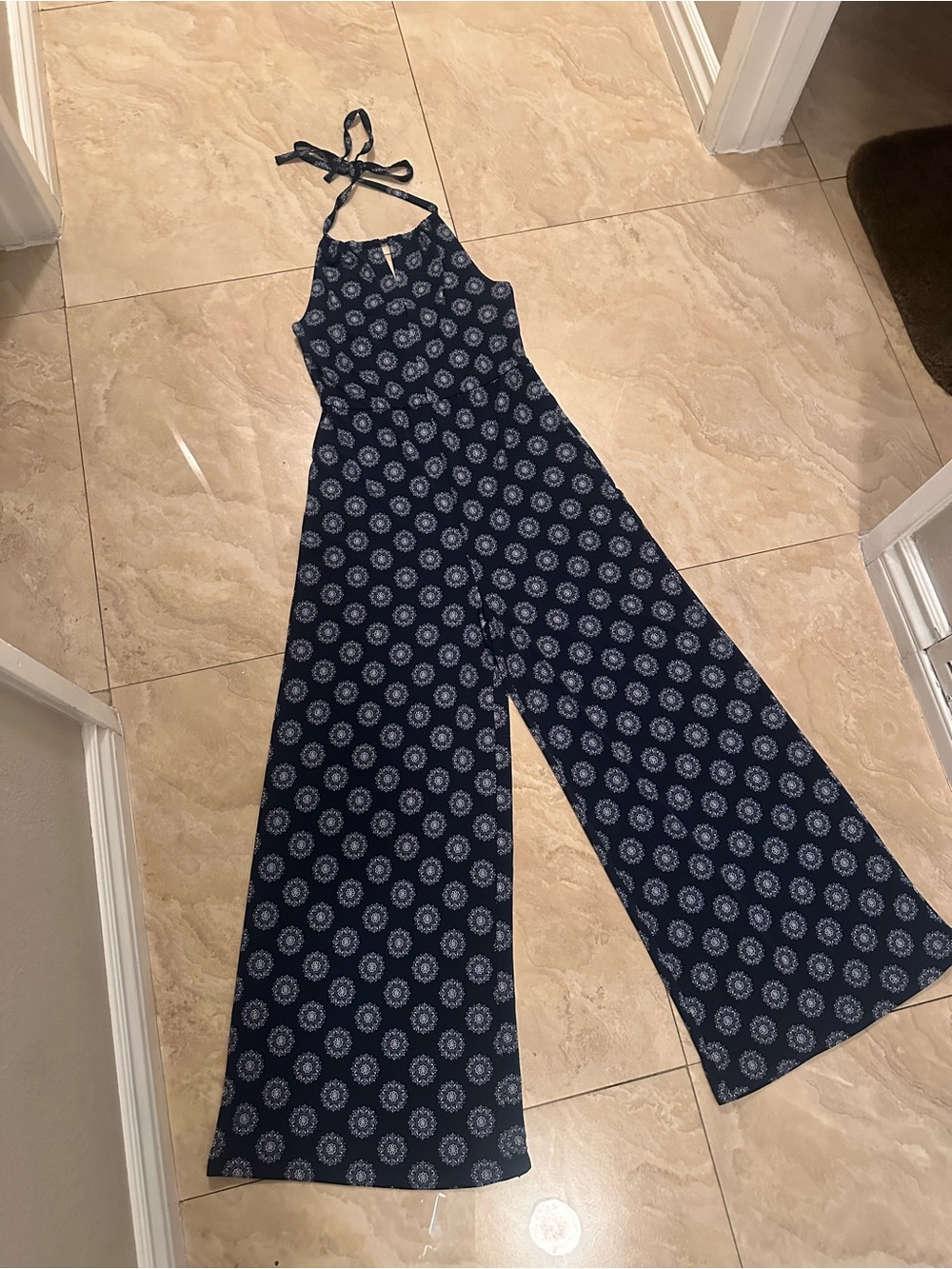 Forever 21 Navy Halter Wide-Leg Jumpsuit with White Medallion Print